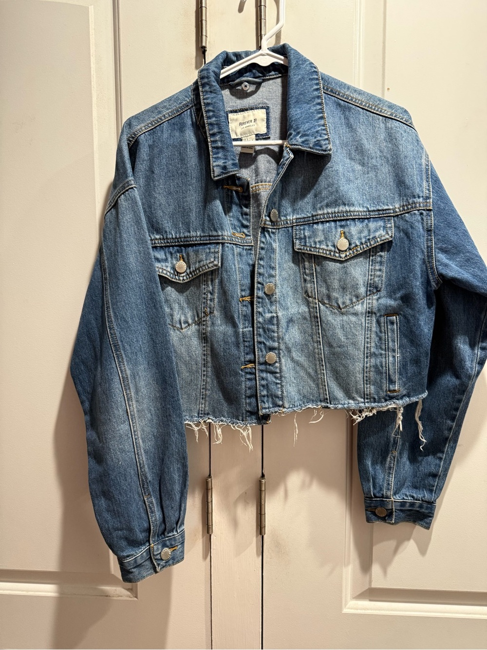 Forever 21 Distressed Light Blue Cropped Denim Jacket